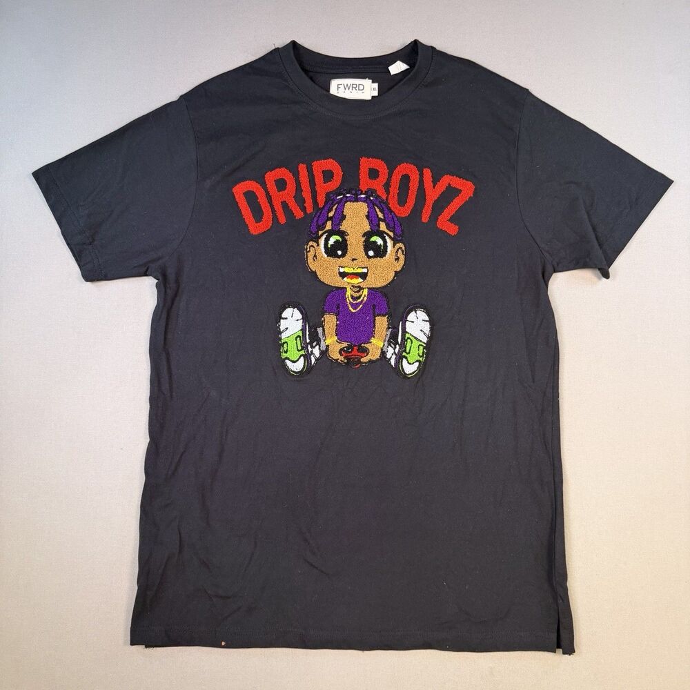 XL FWRD Denim Drip Boyz Raised Embroidered Black Tee Cartoon Kid Graphic) Y2K